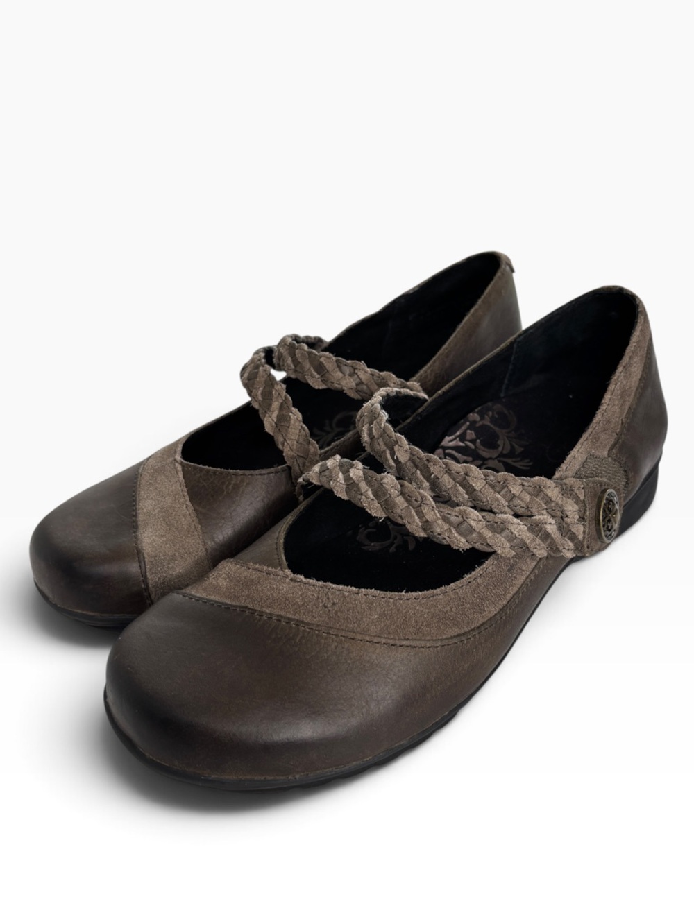 Aetrex Ada Mary-Jane Flats Women 7.5 M Shoes Grey Brown Braided Leather Comfort